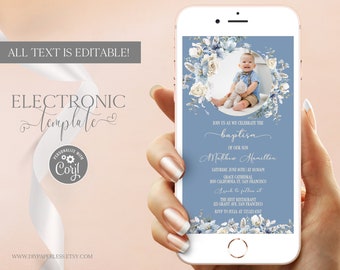 Boho Baptism Invitation by Text with Photo, Blue Flowers Baptism Evite, Electronic Christening Invitation Template Editable Digital Download