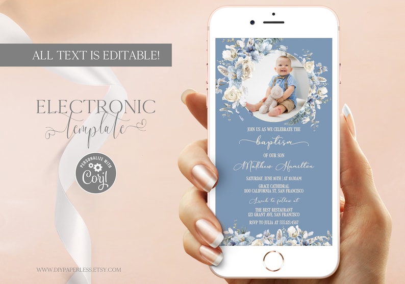 Boho Baptism Invitation by Text with Photo, Blue Flowers Baptism Evite, Electronic Christening Invitation Template Editable Digital Download zdjęcie 1