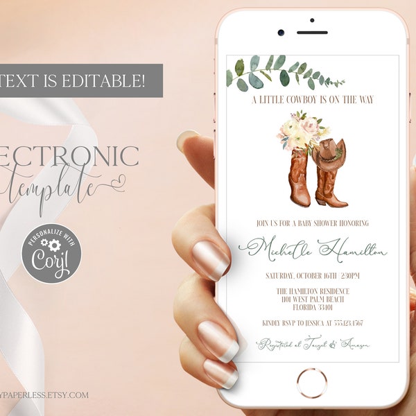 Cowboy Baby Shower Electronic Invitation Template Editable Digital Download, Western Baby Shower Evite, Country Boots Text Invitation, Corjl