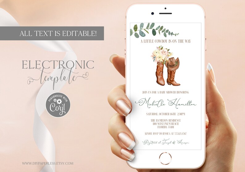 Cowboy Baby Shower Electronic Invitation Template Editable Digital Download Western Baby Shower Evite Country Boots Text