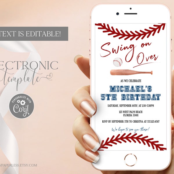 Baseball Birthday Invitation by Text, Rookie of the Year Birthday Evite, Swing on Over Electronic Invitation Editable Digital Download Corjl