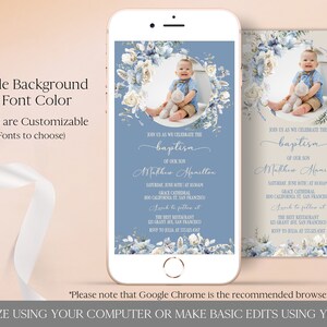 Boho Baptism Invitation by Text with Photo, Blue Flowers Baptism Evite, Electronic Christening Invitation Template Editable Digital Download zdjęcie 3