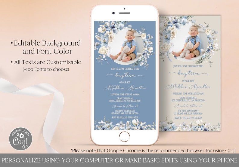 Boho Baptism Invitation by Text with Photo, Blue Flowers Baptism Evite, Electronic Christening Invitation Template Editable Digital Download zdjęcie 3