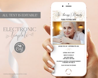 Funeral Announcement Electronic Template Editable Digital Download, Memorial Evite Woman, Obituary eCard, Celebration of Life Text Invite