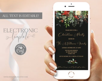 Christmas Party Electronic Invitation Template Editable Digital Download, Holiday Party Evite, Christmas Dinner Text Message Invite, Corjl