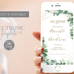 Electronic Eucalyptus Save the Date Template Editbale Digital Download, Greenery Save our Date Evite, Text Message Invite, Paperless Corjl
