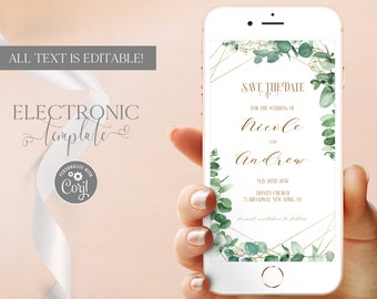 Electronic Eucalyptus Save the Date Template Editbale Digital Download, Greenery Save our Date Evite, Text Message Invite, Paperless Corjl