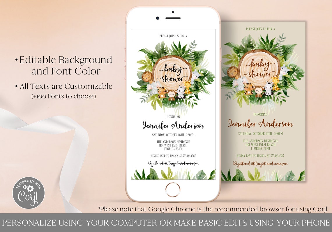 Safari Baby Shower Evite Greenery Jungle Animals Baby Shower Etsy