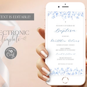Convite Digital de Batismo por Texto, Convite Eletrônico de Batismo Menino, Evite de Batizado, Modelo de Convite Floral Azul Editável Digital Corjl
