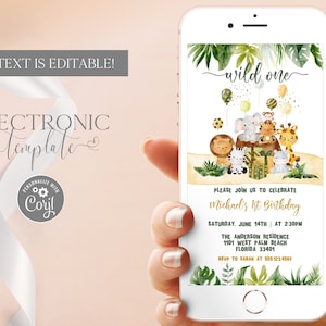 Safari 1st Birthday Electronic Invitation Template Editable Digital Download, Wild One Jungle Animals First Birthday Evite, Paperless Corjl