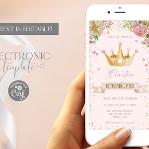 Prinzessin Crown Geburtstag elektronische Einladungsvorlage Bearbeitbarer digitaler Download, kleine Prinzessin Geburtstag Evite Blush, Telefon einladen Corjl