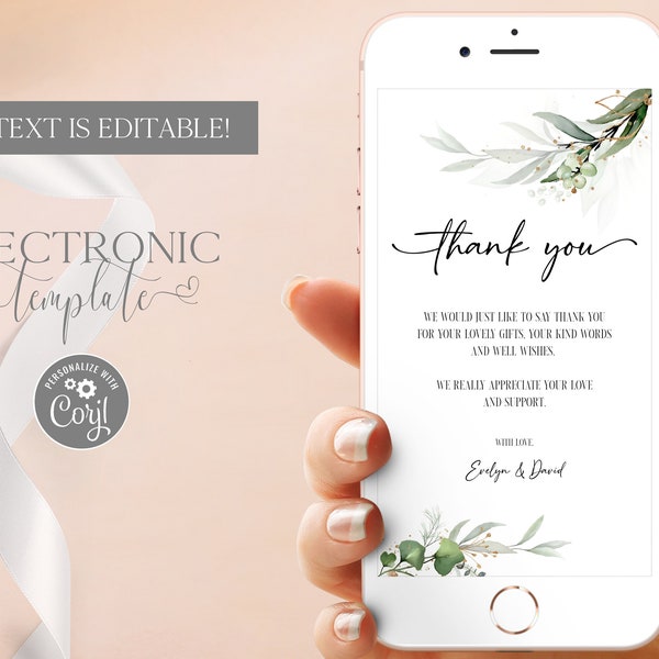 Greenery Electronic Thank You Card Template Editable Digital Download, Baby Thank You Note eCard for Phone, Text Message Paperless Corjl