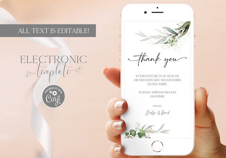 Greenery Electronic Thank You Card Template Editable Digital Download, Baby Thank You Note eCard for Phone, Text Message Paperless Corjl image 1