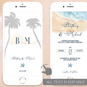 Evite de mariage de plage, modèle d'invitation de mariage électronique tropical téléchargement numérique modifiable, invitation de message texte Palm Tree Sandy Beach