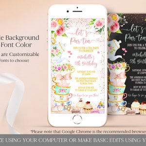 Tea Party Birthday Invitation by Text, Let's Par-Tea Birthday Evite, Electronic Tea Birthday Invitation Template Editable Digital Download image 3