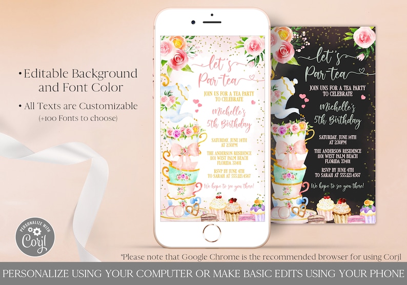 Tea Party Birthday Invitation by Text, Let's Par-Tea Birthday Evite, Electronic Tea Birthday Invitation Template Editable Digital Download image 3