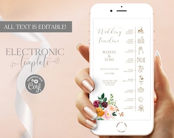 Wedding Party Timeline Digital Template Smartphone, Electronic Wedding Day Schedule, Wedding Itinerary eCard, Wedding Program Phone, Corjl