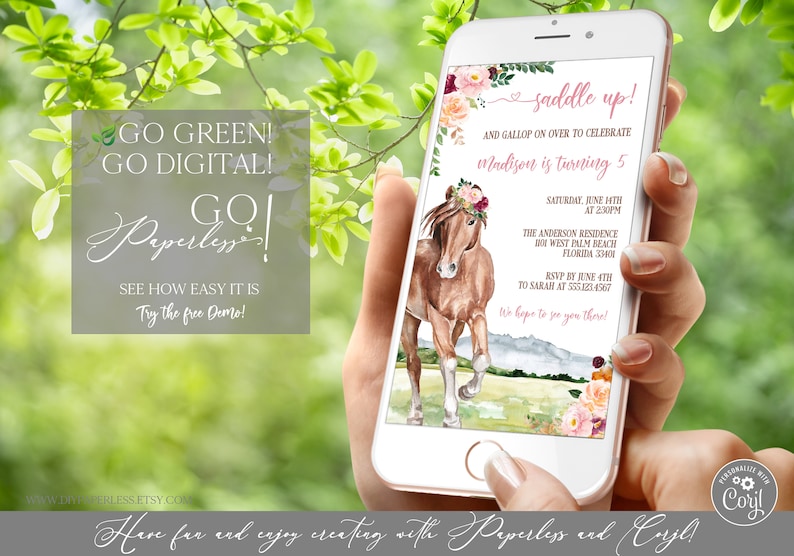 Horse Birthday Electronic Invitation Template Editable Digital Download, Saddle Up Birthday Evite Girl, Cowgirl Party Text Invitation Corjl image 10