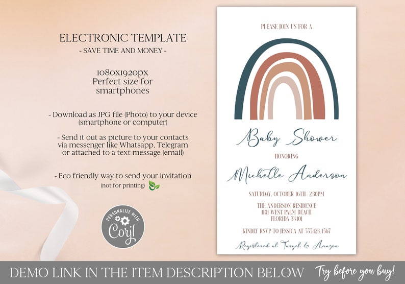 Boho Rainbow Baby Shower Electronic Invitation Template Editable Digital Download Bohemian Baby Shower Evite Muted Earth