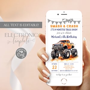 Invitation d'anniversaire Monster Truck par texte, Monster Truck modifiable Evite, modèle d'invitation électronique Monster Truck téléchargement numérique Corjl