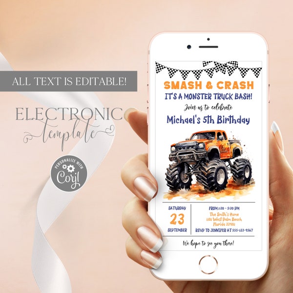 Monster Truck Birthday Invitation by Text, Editable Monster Truck Evite, Electronic Monster Truck Invitation Template Digital Download Corjl