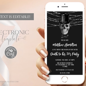 Death to his 30s Invitation Template for Phone Editable Digital Download, RIP Twenties Birthday Party Evite, Skull Electronic Invite Corjl