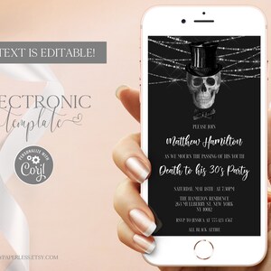Death to his 30s Einladungsvorlage für Telefon bearbeitbar digitaler Download, RIP Twenties Birthday Party Evite, Skull Electronic Invite Corjl