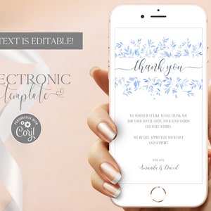 Modello di biglietto di ringraziamento elettronico per bambini Download digitale modificabile, eCard di ringraziamento blu chiaro per telefono, messaggio di testo, Corjl senza carta