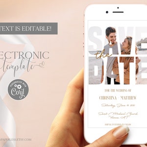 Save the Date elektronische Fotovorlage bearbeitbar digitaler Download, Hochzeit Save the Date Evite, Telefon Textnachricht, papierlose Einladung Corjl