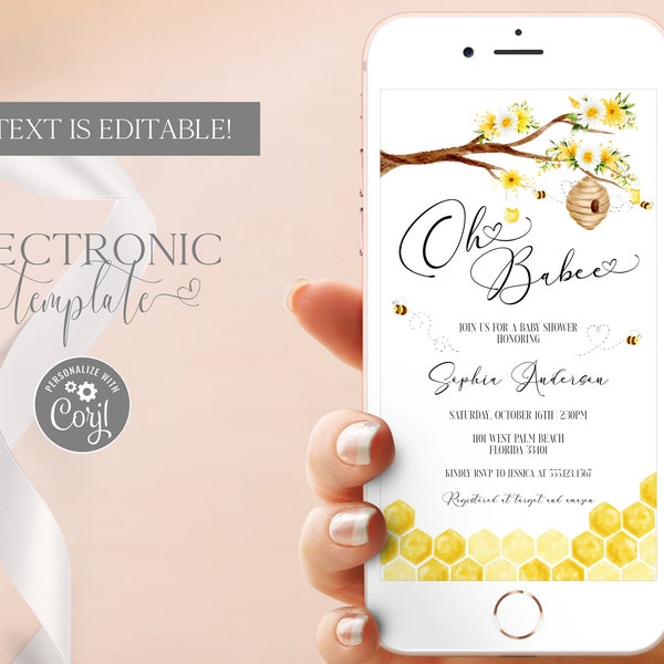 Honey Bee Baby Shower Electronic Invitation Template Digital Download, Oh Babee Baby Shower Evite, Oh Baby Bumble Bee Text Message Invite