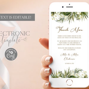 Carte de remerciement électronique pour mariage tropical, verdure de carte de remerciement numérique, téléchargement numérique de modèle modifiable, eCard de note de remerciement