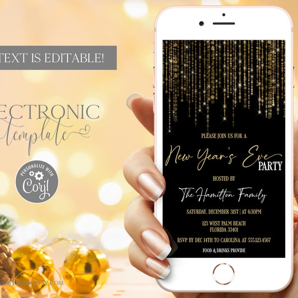 New Years Eve Party Evite, Gold Glitter New Year Electronic Invitation Digital Template Editable Download, NYE Text Message Invite Paperless