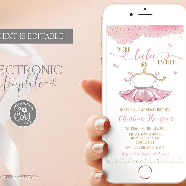 Tutu Ballerina Baby Shower Electronic Invitation Template Editable Digital Download, Tutu Excited Baby Shower Evite, Text Invitation Corjl