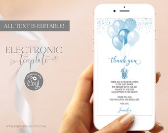 Tarjeta de agradecimiento digital baby shower electrónica, globos azules tarjeta de agradecimiento plantilla editable para descargar, tarjeta electrónica de nota de agradecimiento sin papel