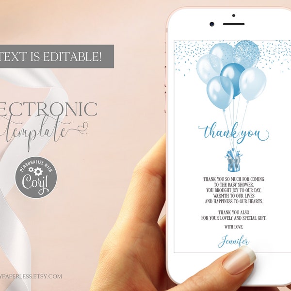 Digital Baby Shower Thank You Card Electronic, Blue Balloons Thank You Card Editable Template to Download, Paperless Thank You Note eCard