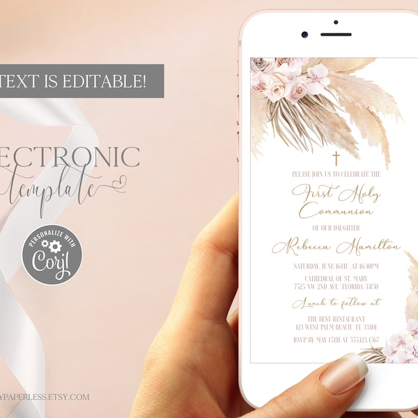 First Holy Communion Electronic Invitation Template Editable Digital Download, Pampas Grass Boho 1st Communion Girl Evite, Phone Invitation