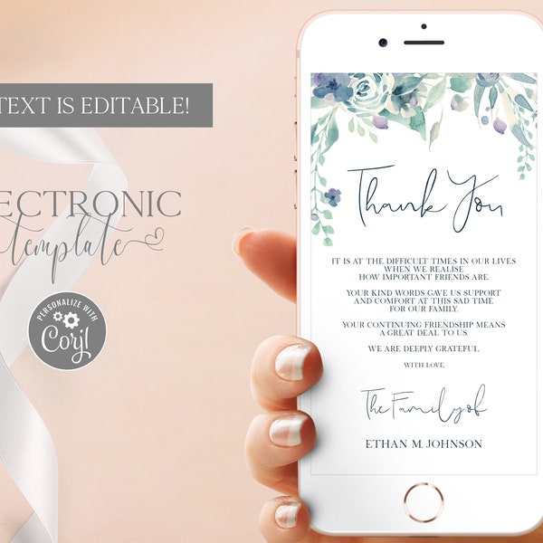 Electronic Funeral Thank You Card Template Digital, Blue Floral Sympathy Thank You eCard for Mobile Phone, Memorial Thank You Note Paperless