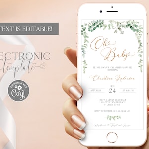 Greenery Oh Baby Shower Evite, Eucalyptus Baby Shower Electronic Invitation Template Digital Download, Editable Paperless Text Invite Corjl