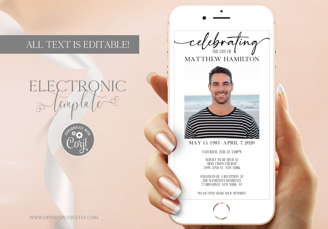 Celebration of Life Electronic Invitation with Photo Minimal Etsy