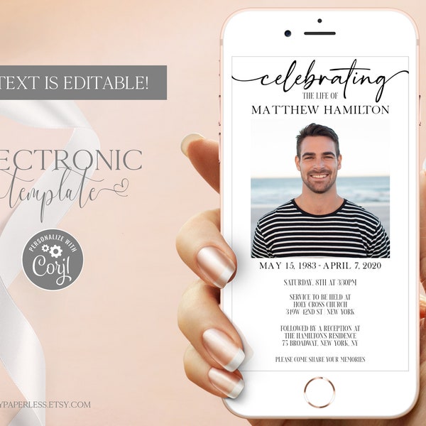 Celebration of Life Electronic Invitation with Photo, Minimal Funeral Announcement Digital Text Card, Obituary Template, Memorial Evite