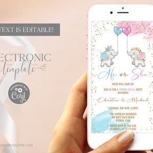 Elephants Gender Reveal Invitation by Text, He or She Gender Reveal Evite, Blue and Pink Baby Shower Digital Invitation Template Editable