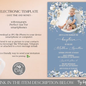 Boho Baptism Invitation by Text with Photo, Blue Flowers Baptism Evite, Electronic Christening Invitation Template Editable Digital Download zdjęcie 2