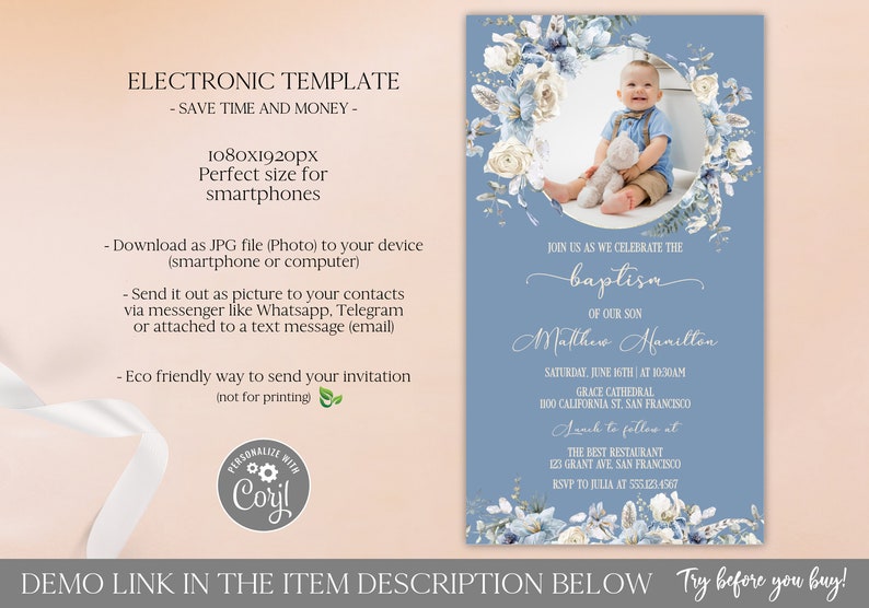 Boho Baptism Invitation by Text with Photo, Blue Flowers Baptism Evite, Electronic Christening Invitation Template Editable Digital Download zdjęcie 2