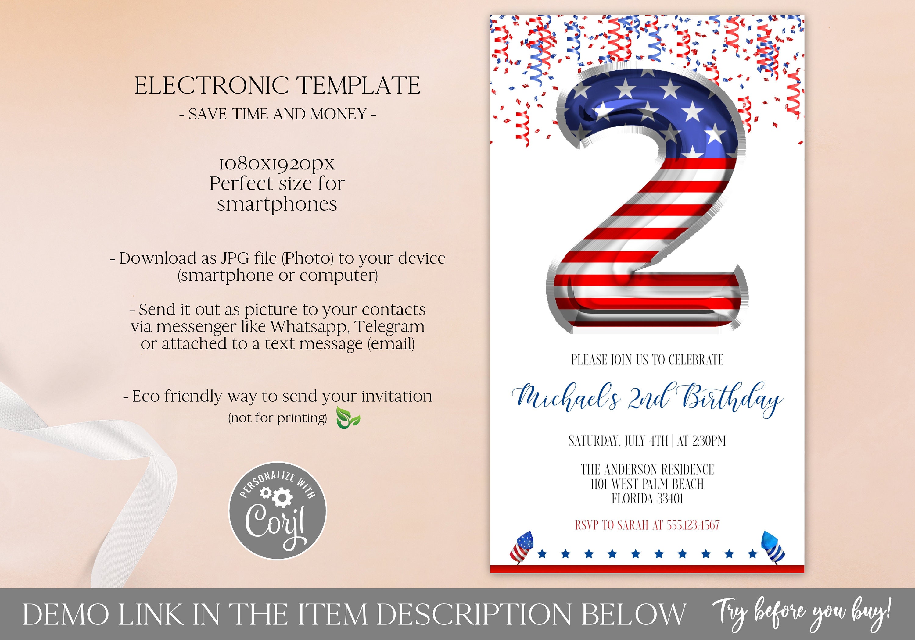 2nd Patriotic Birthday Invitation Electronic Template Editable | Etsy