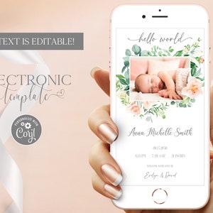 Electronic Birth Announcement Photo Template, Newborn Baby Girl Announcement Digital Download, Corjl Baby Annoucement Card, Girl Birth eCard