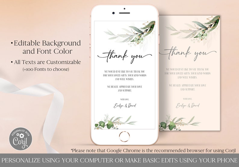 Greenery Electronic Thank You Card Template Editable Digital Download, Baby Thank You Note eCard for Phone, Text Message Paperless Corjl image 3