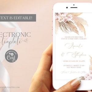 Boho Electronic Wedding Invitation Template Editable Digital Download, Tropical Pampas Grass Wedding Evite, Bohemian Paperless Invite Corjl