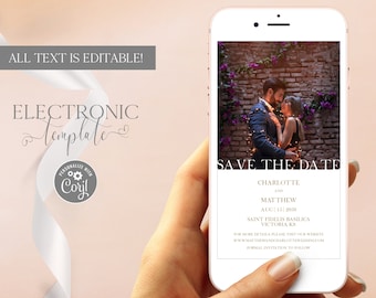 Electronic Save the Date Template with Photo, Save the Date Evite Editable Digital Download, Minimalist Save the Date Paperless Invite Corjl