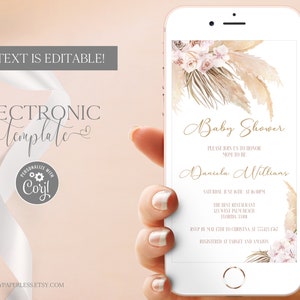 Boho Baby Shower Electronic Invitation Template Editable Digital Download, Bohemian Baby Shower Evite, Pampas Grass Text Message Invite Girl