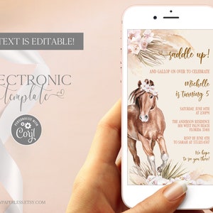 Horse Electronic Birthday Invitation Template Editable Digital Download, Boho Cowgirl Birthday Party Evite, Saddle Up Text Message Invite